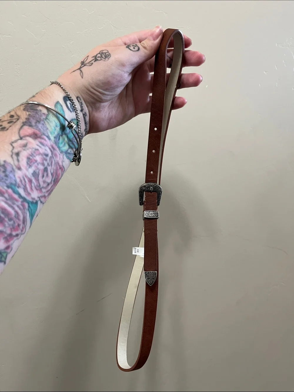 Brown Leather Belt with Decorative Silver Buckle